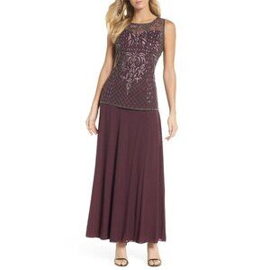 Pisarro Nights Beaded Bodice Mock Two-Piece‎ Gown Maxi Dress Embellished Plum 2